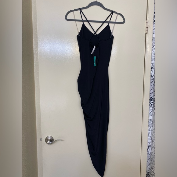 GLARE black asymmetrical midi bodycon dress - Picture 2 of 5